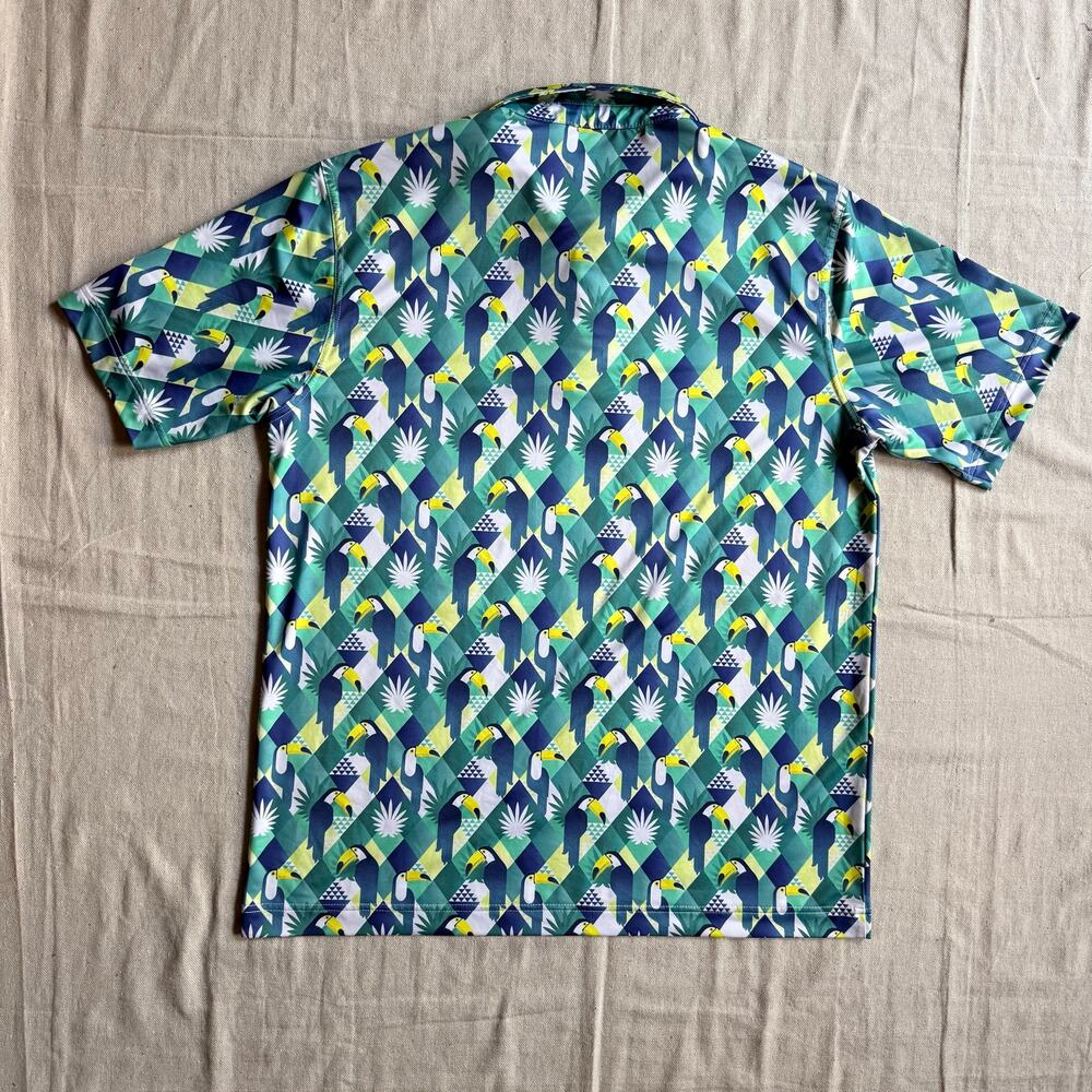 Waggle Shirt Men's XL Performance Polo Green Geometric Toucan Print Summer Golf - Picture 9 of 9